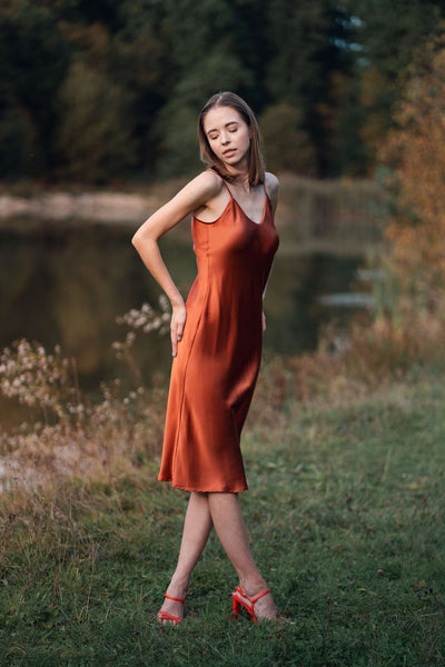 Classic Silk Slip Dress - Burnt Orange | Elegant Women's Evening Dress   Silk Closet